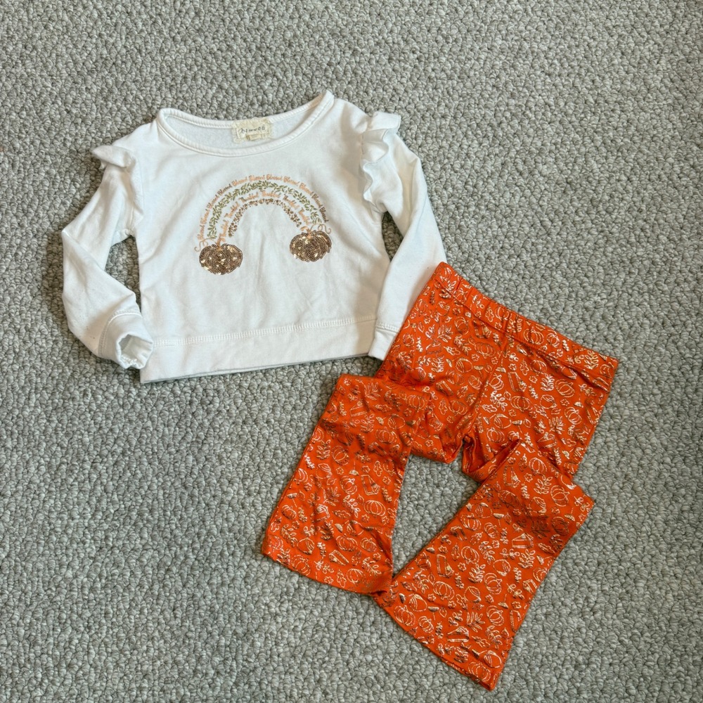 Btween‎ Girls Pumpkin Rainbow Sweatshirt and Flare Leggings Set Size 4